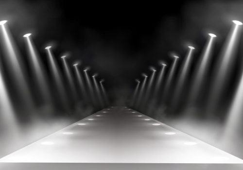 Spotlights background, glowing stage lights, white beams for red carpet award or gala concert. Empty illuminated way for presentation, runway with lamp rays with smoke for show, Realistic 3d vector